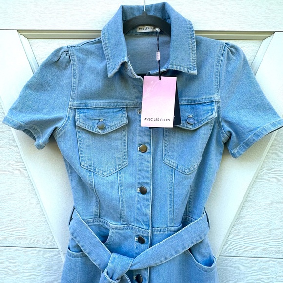 Avec Les Filles Denim Short Sleeve Jumpsuit - Picture 3 of 4